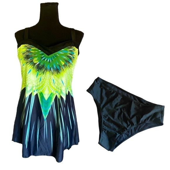 B2PRITY TANKINI Swim Dress Print Tankini Kelly Green & Black S… - Picture 2 of 9